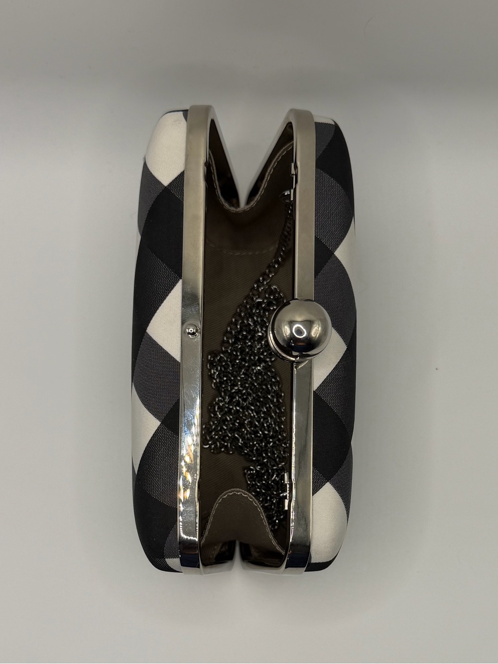 Black and White Checkered Convertible Box Clutch with Silver Chain Strap - Picture 6 of 10